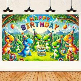 Dinosaur Birthday Party Banner Cute Dinosaurs with Party Hats and Gifts Colorful Celebration Backdrop 71x43 Inches dinosaur backdrop Polyester Fabric jurassic world party decorations