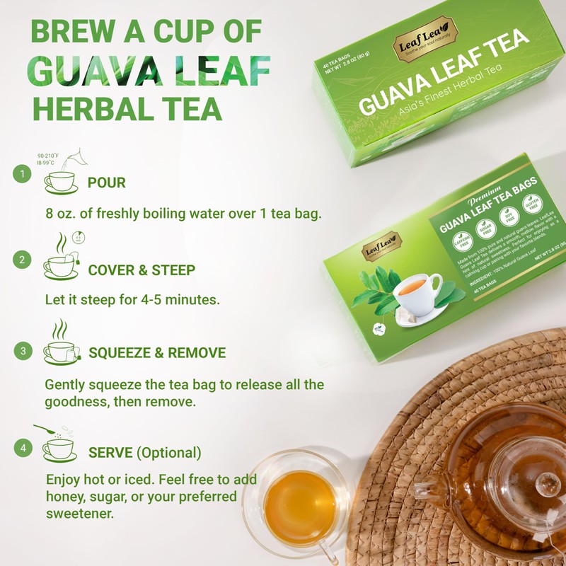 LeafLea Guava Leaf Tea, 80 Fresh-Sealed Tea Bags, Herbal Tea