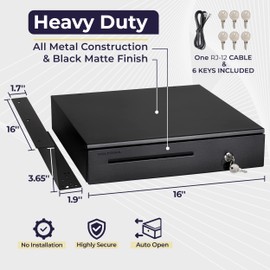 Volcora Cash Register Drawer with Under Counter Mounting Metal Bracket - 16" Black Cash Drawer for POS, 5 Bill 6 Coin Cash Tray, Removable Coin Compartment, 24V RJ11/RJ12 Key-Lock, Media Slot