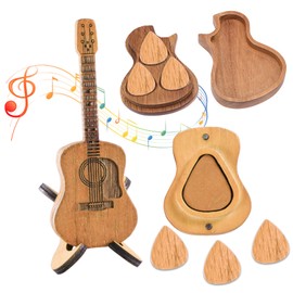 NAESM Wooden Guitar Pick Box with Stand - 6 Pcs Unique Guitar Picks, Musician Engraved Wooden Plectrum Case, Mini Guitar Shaped Guitar Pick Holder Case