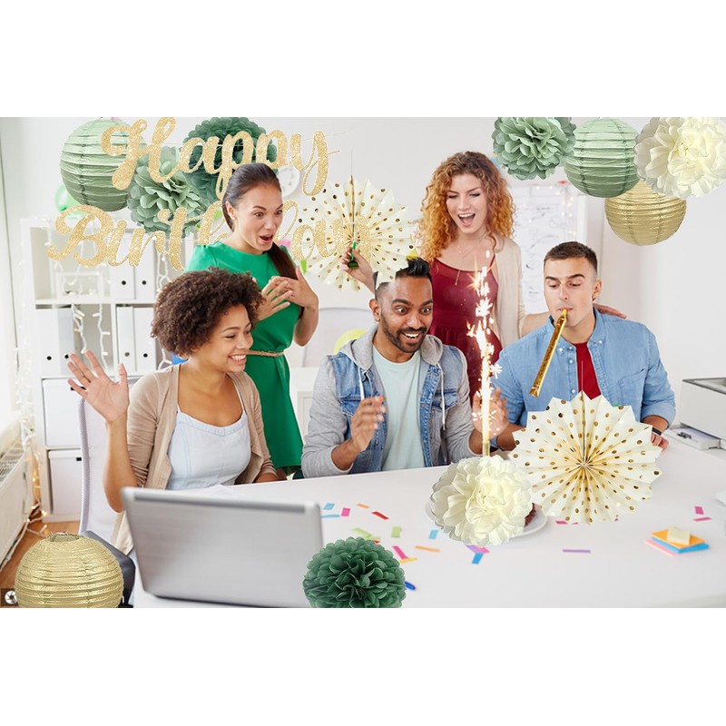 Sage Green Champagne Gold Birthday Decorations with Happy Birthday Glitter