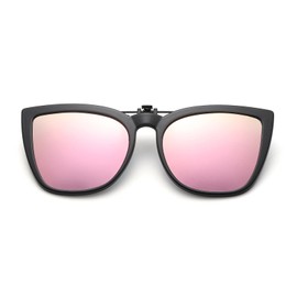 Long Keeper Sunglasses Attachment Glasses, Cat Eyes Clip On Sunglasses Women's Polarised Vintage Cateye Sunglasses for Women 52 mm, Black frame / pink mirrored lens