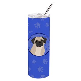 Caroline's Treasures WDK1174TBL20 Pug Fawn #3 Stainless Steel 20 oz Skinny Tumbler, Blue Vacuum Double Walled Reusable Insulated Tumbler Travel Cup for Coffee Cocktails Gift with Lid, 20 oz