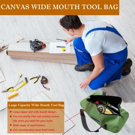 14 Inch Small Tool Bags for Men,Wide Mouth Zipper Tool Storage Bag,Large Capacity Canvas Tool Tote Bag,Portable Multi-Function Tool bag for Storage Wrenches,Screwdrivers,Repair Tools (Green)