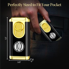 SORMWITT Triple Torch Lighter - Lighter with V Cut Cutter,Holder and Windproof Jet Flame (Black&Gold)