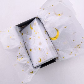 MR FIVE 100 hojas de papel de seda de galaxia a granel, 20 x 14 pulgadas, blanco con luna dorada y papel de seda para bolsas de regalo, papel de seda de regalo de estrella para cumpleaños, día festivo de Navidad