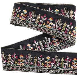 CABODYALS 4.57M 65mm Black Embroidered Ribbon Trim Tape Floral Jacquard Ribbons Flower Embroidery Boho Woven Fabric Applique for Sewing Making Crafts Clothes Home Decor Diy Embellishment Supply
