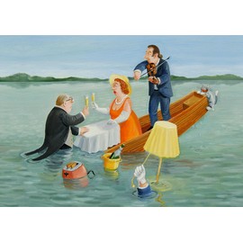 Inkognito Postcard | Occasion: ''aus'', motif: ''Der letzte macht das Licht aus'' | Artist: Rolf Tiemann | Item number: 77971 | by Berliner Verlag