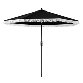 Tempera 9ft Auto Tilt Patio Umbrellas with Fringe, Outdoor Market Umbrellas with Fade Resistant Canopy, 8 Sturdy Rids, Luxurious Vintage Umbrellas for Lawn, Pool, Deck, Balcony