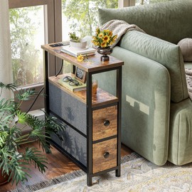 TIQLAB End Table with Charging Station, Narrow Side Table with 2 Fabric Drawers, Nightstand with LED Light, Slim Bedside Table for Bedroom, Living Room, Small Spaces, Brown