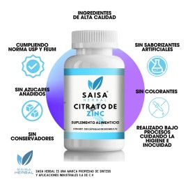 Citrato de Zinc 120 Cáps SAISA HERBAL | Suplemento Alimenticio | Alta Biodisponibilidad | Apoyo Inmunológico y Cuidado de la Piel