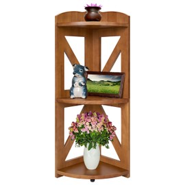 YCICI Corner Shelf Stand, Corner Bookshelf, Small Corner Shelves by Natural Wood, Plant Stand, Corner Bookcase for Living Room, Home Office, Bedroom, (Brown, 3 Tier)