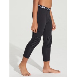 DEVOROPA Youth Boys' Compression Pants with Knee Pads 3/4 Basketball Athletic Tights Quick Dry Sports Workout Leggings Black S