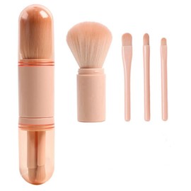 4 in 1 Mini Retractable Makeup Brush Set - Pink Cute Travel Brushes for Eyeshadow, Foundation, Blending, and Powder