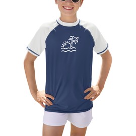 BesserBay Boys' Short-Sleeved Crew Neck UV Shirt Rash Guard UPF 50+ Swimming Shirt Children's Swimming Shirt 110-160, blue-white