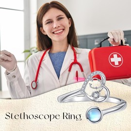 DAYLINLOVE Krankenschwester Geschenke für Krankenschwestern 925er Sterling Silber Stethoskop Mondstein Verstellbarer Offener Ring RN Krankenschwester Anerkennung Abschluss Schmuckgeschenke für Damen