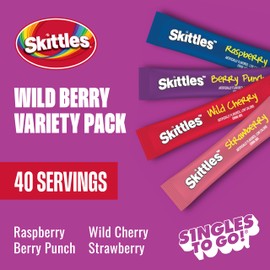 Skittles Singles To Go Wild Berry Variety Pack, Watertok Powdered Drink Mix, Zero Sugar, Low Calorie, Includes 4 Wild Berry Flavors, 1 Box (40 Single Servings)