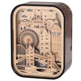 3D London Souvenir,Wood Crafts Laser Cut London Landmark Building Model UK Travel Souvenir Gifts Big Ben Tower Bridge London Eye Tower of London, Desktop Wooden Ornaments with Light for Home Office
