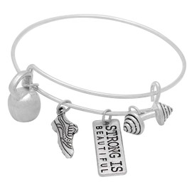 Art Attack Strong Is Beautiful Workout Gym Expandable Bracelet, Barbell Dumbbell Weight Exercise Victorious Brave Smart Wonderful Pendant Charm (Silver)