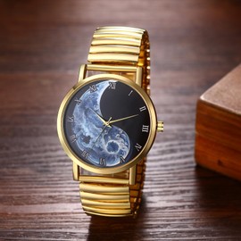 Avaner Elastic Strap Couple Watches: His and Her Stretch Band Tai Chi Analog Quartz Stainless Steel Bangle Wrist Watches for Men Women