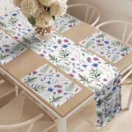 ABAKUHAUS Thistle Table Runner & 4 Piece Placemats, Summer Wildflowers as Cornflower Willow Branches and Bell in Watercolour Style Print, Table Decoration Set, 180 x 40 cm, Reseda Green Cobalt Blue