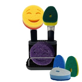 The Original Smiling Sponge Handle Soap Dispensing Handle by Smilyeez for The Smiling Sponge with Smilyeez Caddy, Dishwand with Sponges, and 2 Scrub Mojis (Black)