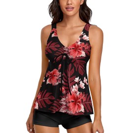 MAIABLEAU Tankini Bathing Suits for Women Swimsuits 2 Piece Swimwear Tank Top with Boyshorts Black Red Flower XL