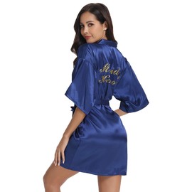 Vlazom - Albornoces cortos de satén para mujer para novia y dama de honor, batas de boda con purpurina dorada o diamantes de imitación, Azul oscuro (Maid of Honor), M