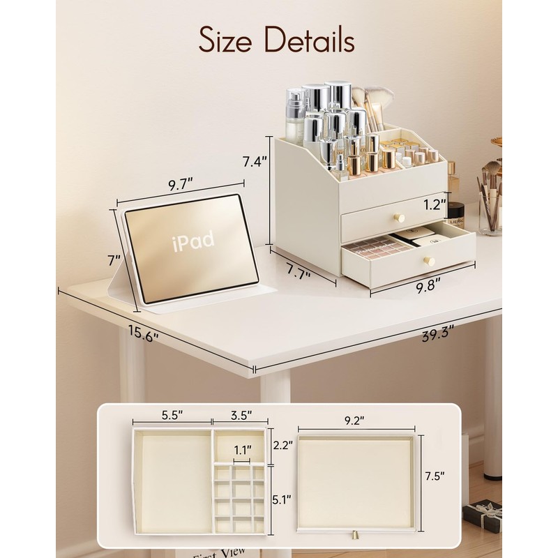 VLANDO 3-Layer Makeup Organizer with 2 Large Drawers for Vanity,Beige