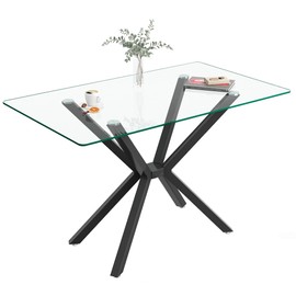 47.2" Glass Dining Table, Modern Kitchen Table for 4 People, Contemporary Rectangular Dining Room Dinner Tables with Clear Glass Top & Black Metal X Legs for Kitchen Apartment
