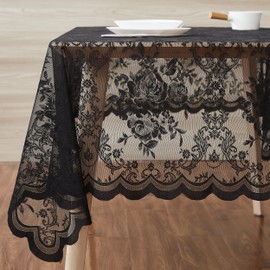 Warm Home Designs 60 x 84 Lace Tablecloth. Black Rectangle Tablecloth with English Rose Design. Rectangular Tablecloth, Rustic Tablecloth or Dining Table Cover for 6-8 Guests. LTC Black 84"