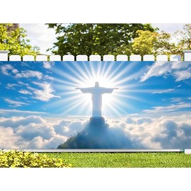 Jesus Cross Garage Door Backdrop, 8 x 7 ft Easter Jesus Christ in The Sky Resurrection Heavenly Light Clouds Blue Sky Garage Door Decoration Cover, Church Event Wall Hanging Banner