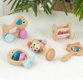 BEACENOV Montessori Wooden Rattle Toy Set for Infant Boys Girls 0-12 Months, Toddler Development Toys, Sensory Set of 5, Baby Shower Gifts