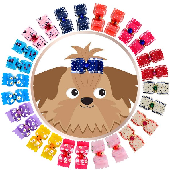 Hollihi 24/12 Pairs Love Ensw Ürdig Grosgrain Ribbon Pet Dog Hair Bows With Rubber Bands – Adjustable Air Puppy Cat Kitty Doggy Care Set of Groomer Hair Accessory Bow Knot Flowers