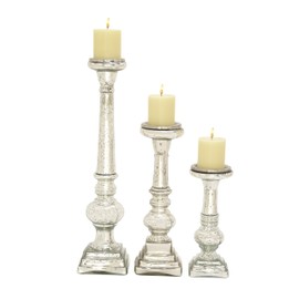 Deco 79 Glass Handmade Decorative Candle Holder Turned Style Pillar Candle Stand, Set of 3 Candlestick Holder 11", 15", 21"H, Silver