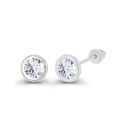 Solid 14K White Gold 4mm Round Created White Sapphire April Birthstone Bezel Screw Back Stud Earrings