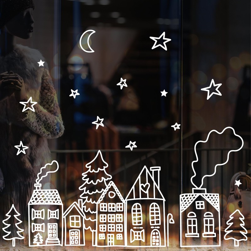 Reusable Window Sticker Christmas Winter City Skyline 1st A4 Sheet