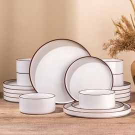 LERATIO Ceramic Dinnerware Sets for 4, High Edge Stoneware Plates and Bowls Set, Chip and Crack Resistant | Oven & Dishwasher & Microwave Safe Dishes Set, Service for 4 -Vanilla White