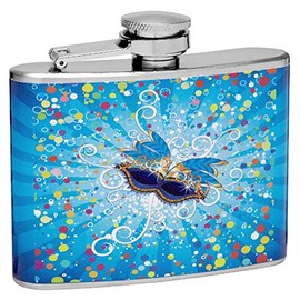 Hip Flask Gift Set with Refill Funnel and 2 Stainless Steel Shot Glasses - Mardi Gras Design - 4 oz Flask, Steel Funnel and Two Stainless Steel Shot Glasses - Gift Box Included