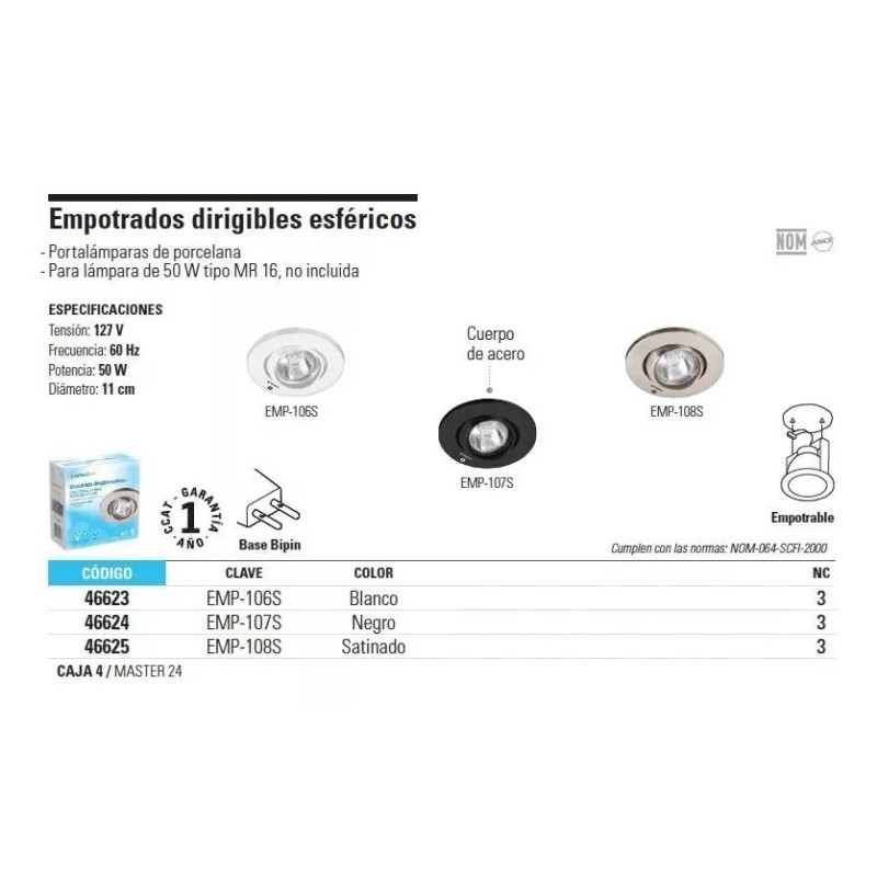 Volteck Luminario Empotrado Dirigible Esférico Negro Para Mr16 Volte