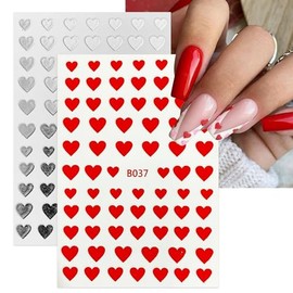 Pegatinas de corazón para decoración de uñas, brillantes, autoadhesivas, 3D, para San Valentín, con purpurina, en rojo, blanco, plateado y negro, para decoración de uñas acrílicas, 10 hojas