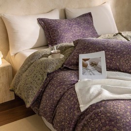 Purple Green Floral Duvet Cover King 3 Pieces Linen Cotton Yarn-Dyed Vintage Duvet Cover Jacquard Farmhouse Bedding Set King Exquisite Boho Medallion Floral Comforter Cover with 2 Pillowcases
