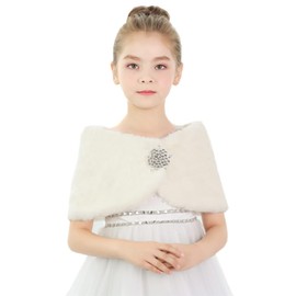 RUIXIA Flower Girls Faux Fur Bolero Shrug Princess Cape Winter Warm Shoulder Wrap Wedding Birthday Costume Party Evening Dress Up (Ivory White with Jewelry Buttton)