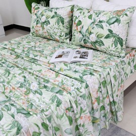 Helthep Green Floral Sheet Set Queen, 100% Cotton Pink Flower Printed Sheets Green Leaves Pattern Sheets Botanical Shabby White Floral Sheet with 17.5" Deep Pocket, Crispy Percale Bedding Set