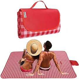 Picnic Blanket|Beach Mat|Picnic Blanket for Indoor and Outdoor, 80" x 57" Sandproof Waterproof Larger Mat for Beach, Travel, Camping, Hiking, Park Grass,Handy Mat Tote, Foldable. (Red Plaids) …