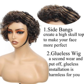 Pixie Cut Wig Human Hair Black and Brown Highlight Wig Human Hair curly short curly wigs for black women P1B/30 afro kinky curly wigs glueless wear and go Curly Bob Wigs With Bangs (F1b30, 8 Inch)