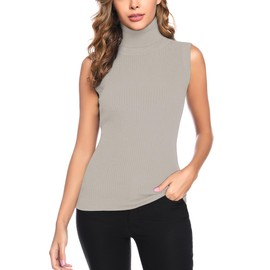 Gyabnw Knitted Vest Tops Women UK Sleeveless Jumpers Turtleneck Sweater Light Grey