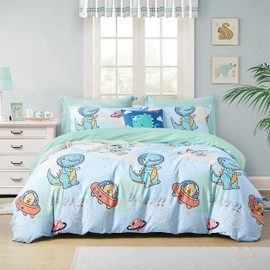 SAPHREAS Cartoon Dinosaur Printed Kids Bedding Duvet Cover Set 4pcs Twin Size with Fitted Sheet Teal Blue Cotton Comforter Cover Set Quilt Cover 1pc Fitted Sheet 1pc Pillow Shams 2pcs