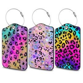 3 Pcs Rainbow Pastel Leopard Print Luggage Tag for Suitcase,PU Leather Travel Cruise Luggage Tag with Privacy Flap,Name ID Label and Metal Loop for Women Men Airport Ship Travel Bag Suitcase Backpack