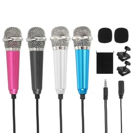 MECCANIXITY 4Pcs Mini Microphone, Mic Tiny Microphone with Sponge Cover, Holder and Drawstring Bag Portable for Karaoke Voice Video Recording Singing (Rose Red/Silver/Blue/Black)